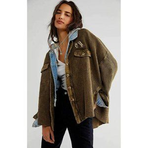 Free People FP One Scout Jacket Shacket Oversized Waffle Knit Green Size L NEW